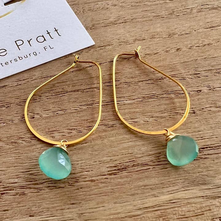 Shooketh- aqua teardrop gemstone gold dangle earrings for wholesale by Nellie Pratt Artisan Jewelry