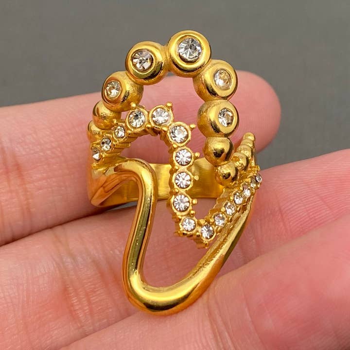 Irregular Wave Design CZ Inlaid 18K Golden S.Steel Ring -FGS for wholesale by Mio Queena