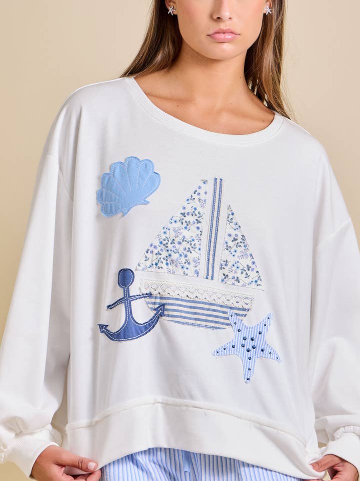 Sailboat Patchwork Sweatshirt – Coastal Summer Pullover for wholesale by Main Strip