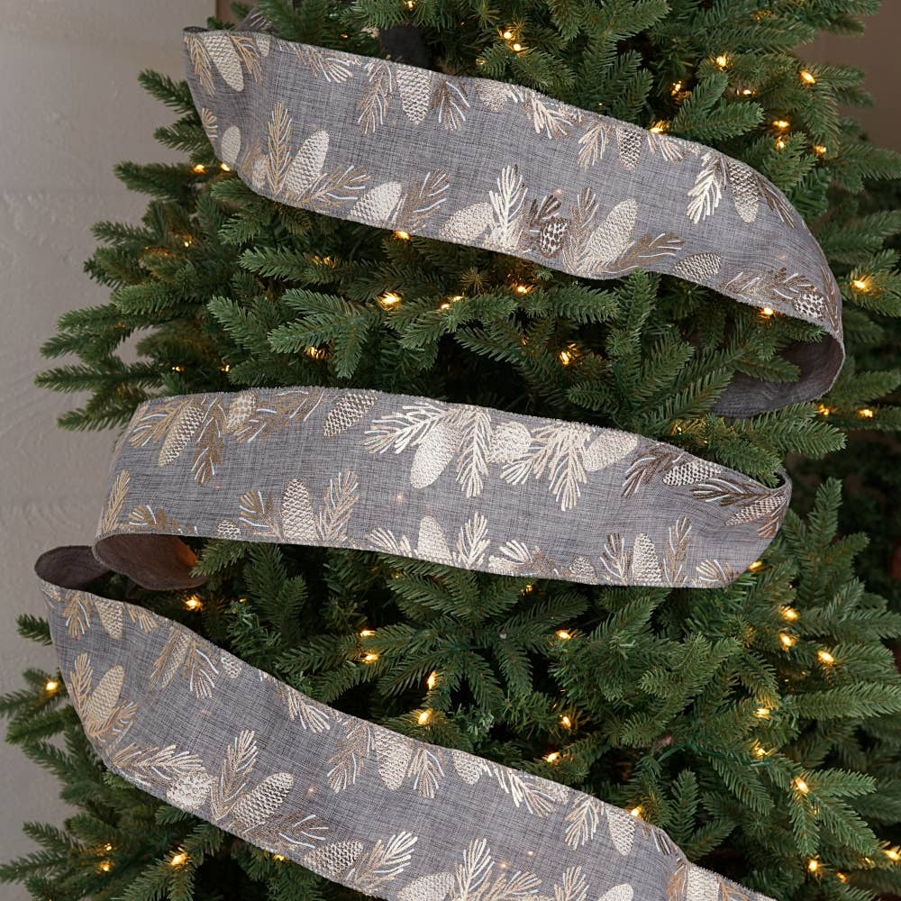 Holiday Depot Inc. - Wholesale Ribbon - Gift Wrapping - R32967-Wired Ribbon-Gray Burlap w. golden pinecones (4inW)4