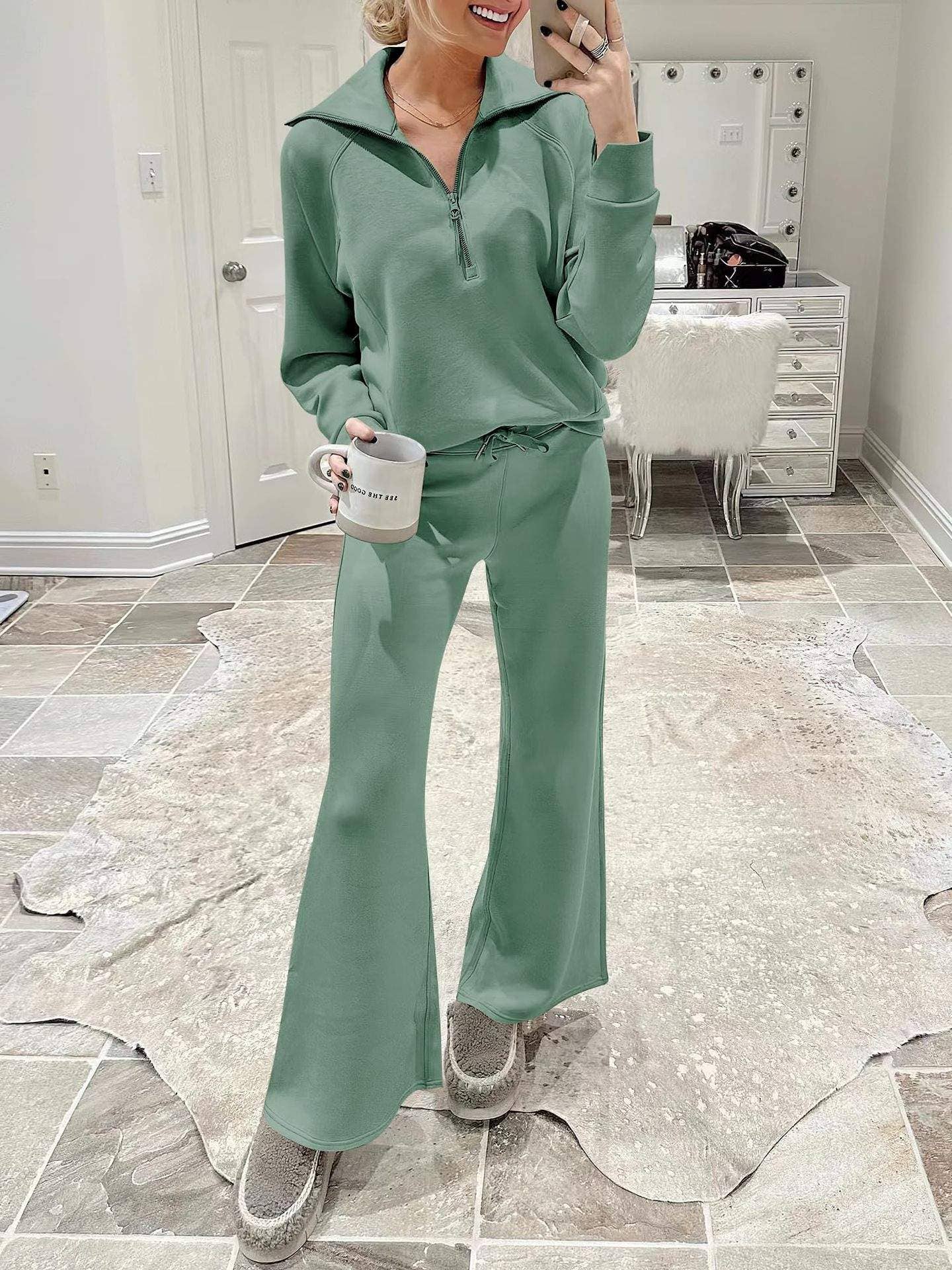 Queen Fashion - Wholesale Top & Skirt Set - Women's - long sleeved sweater wide leg pants two piece set3