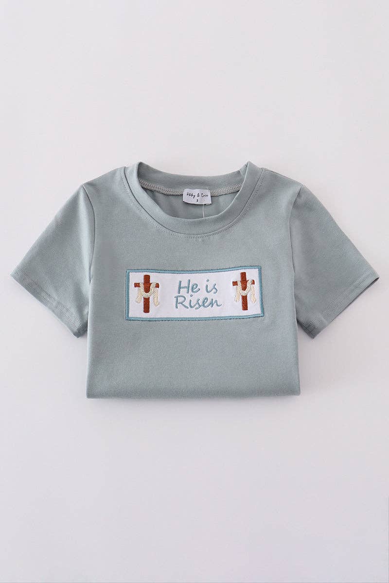 Aspen Rain Boutique - Wholesale T-shirt - Kinderen - Blauwe hij is opgestaan borduurtop4