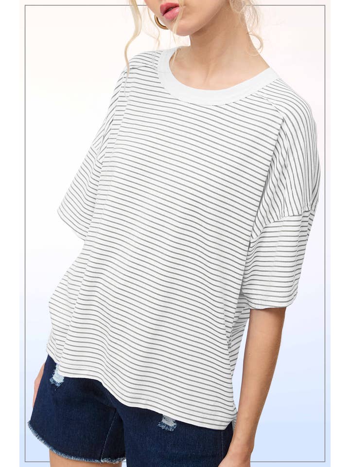 La Miel - Wholesale T-Shirt - Women's - HDT7703-Basic Striped Drop Shoulder Short Sleeves Top