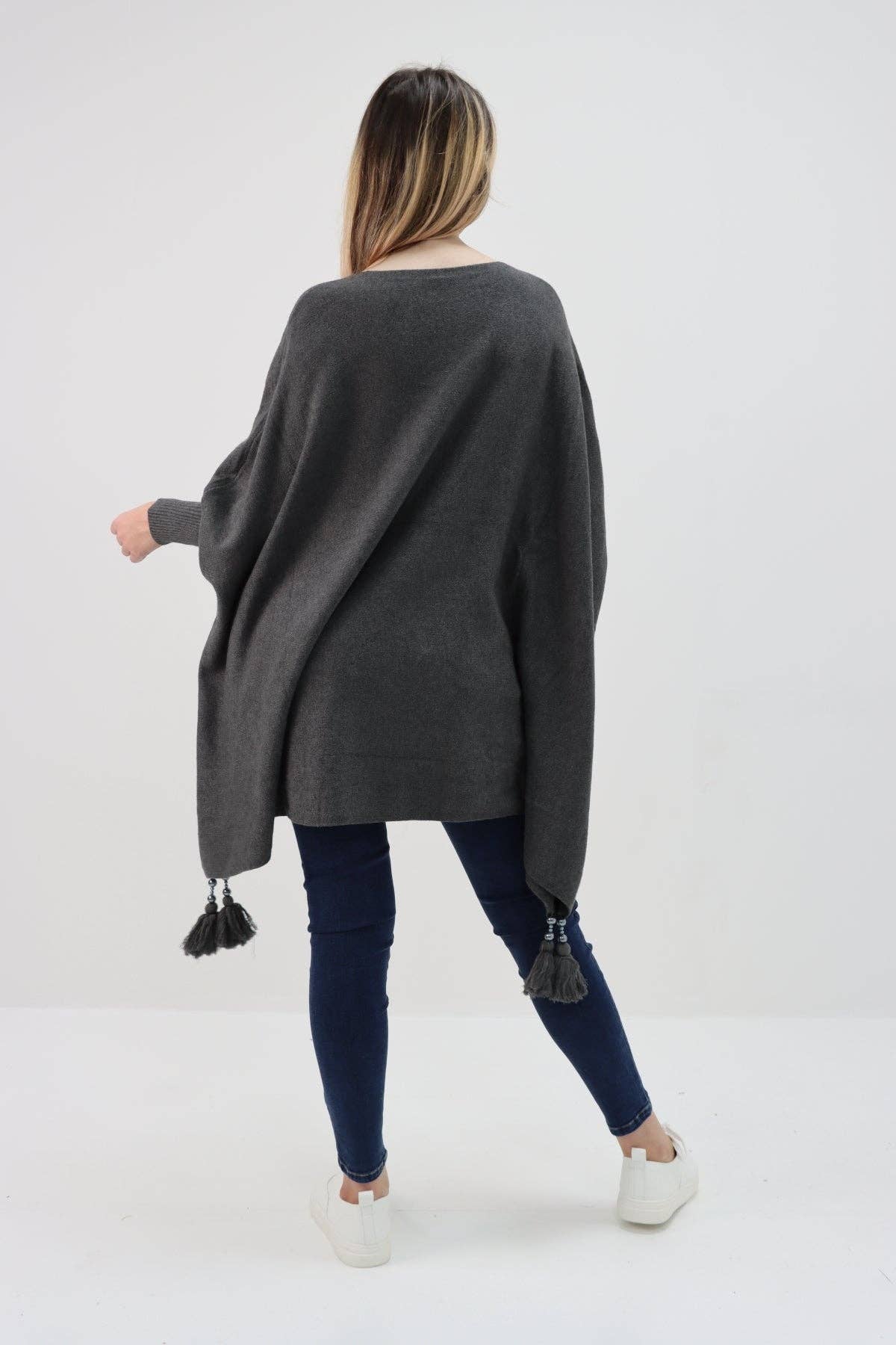 Miss Bold - Wholesale Poncho - Women's - Italian Plain Batwing Sleeves Tassels Tunic Poncho10