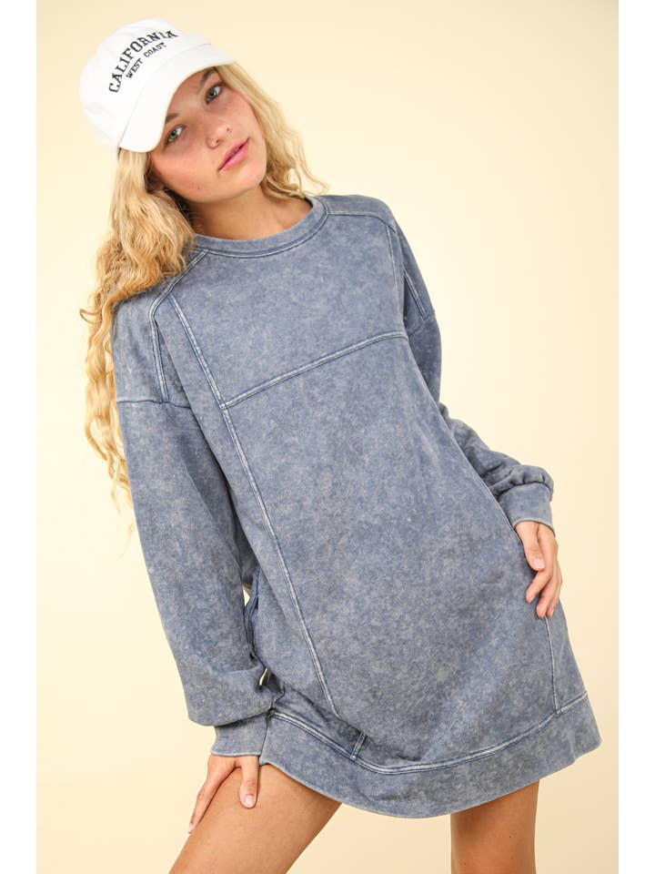 VERY J - Wholesale Dress - Women's - ND31375-Mineral Washed Oversized Knit Sweatshirt Mini Dress
