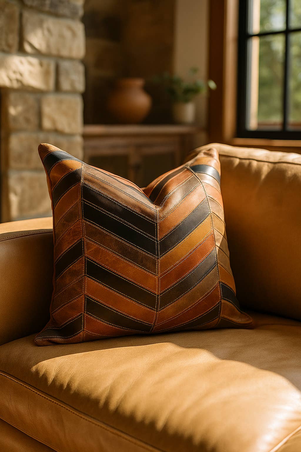MLC - Wholesale Chair cushion - Chevron Patch Leather Cushion | 100% Genuine Leather | 45x45cm