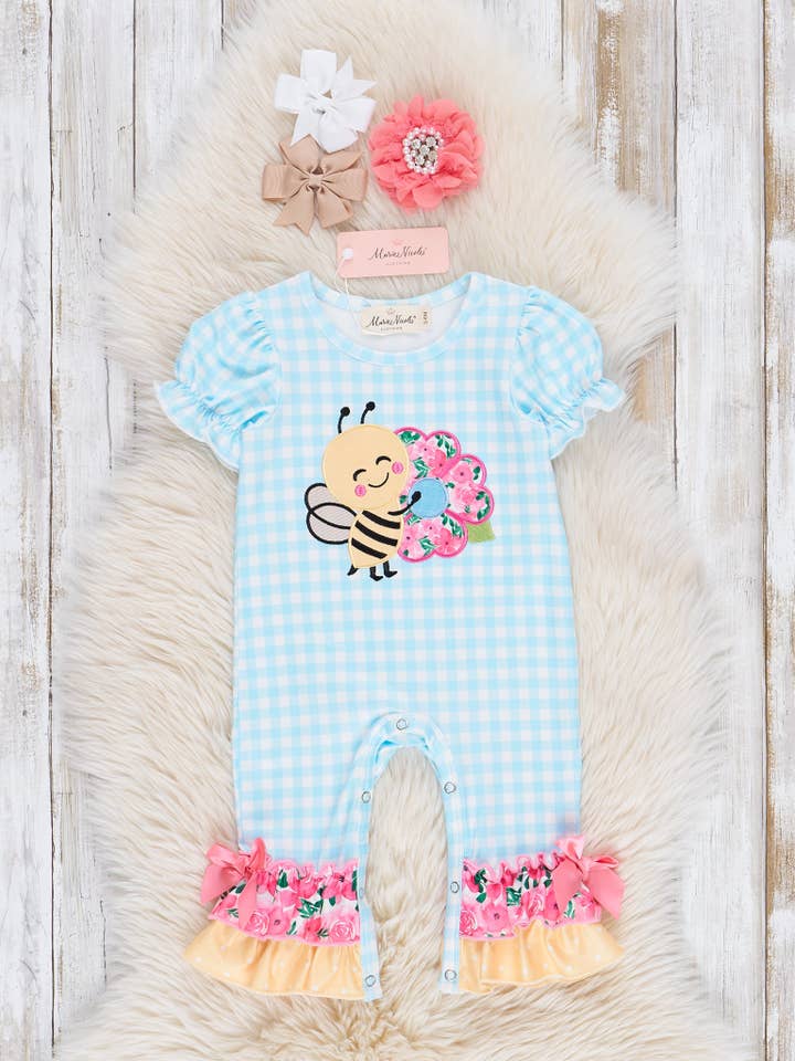 Marie Nicole Clothing - Wholesale Jumpsuit - Baby - Embroidered Sweet Bee Ruffle Romper