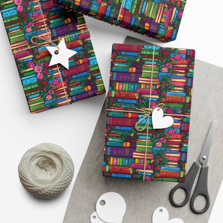 Colorful Book Shelf Library Wrapping Paper Gift Wrap for wholesale by Olivias Paper