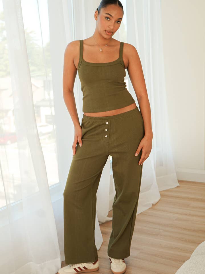 Cotton Rib Boxer Pants Olive for wholesale by Wildflo Studio