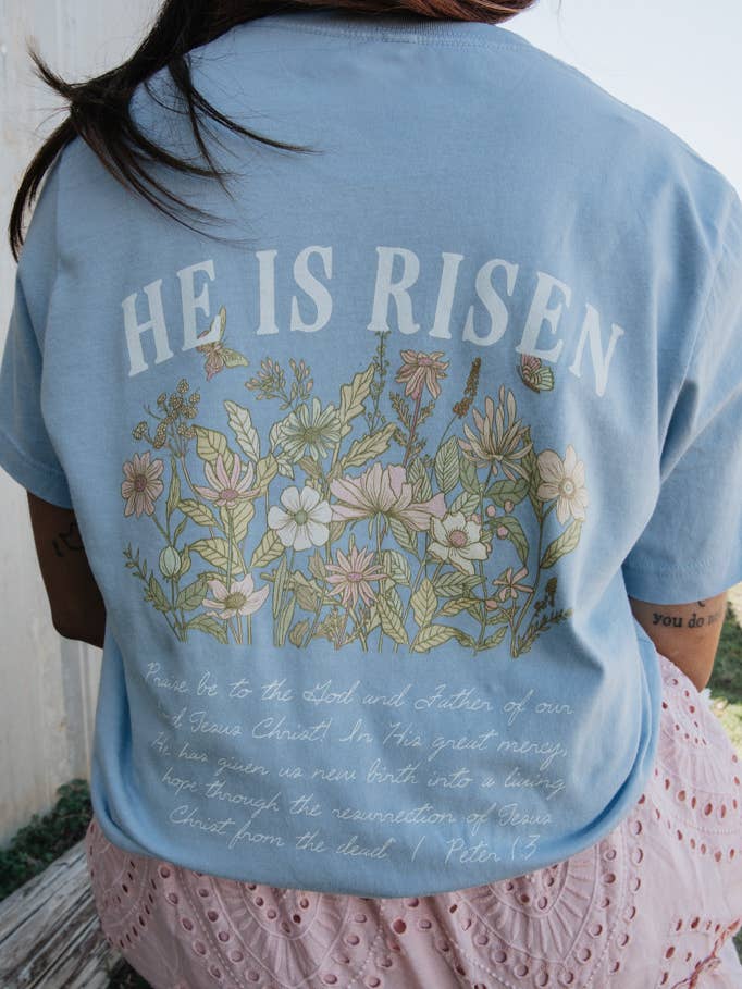 He Is Risen Tee - Blue for wholesale by Crowned Free