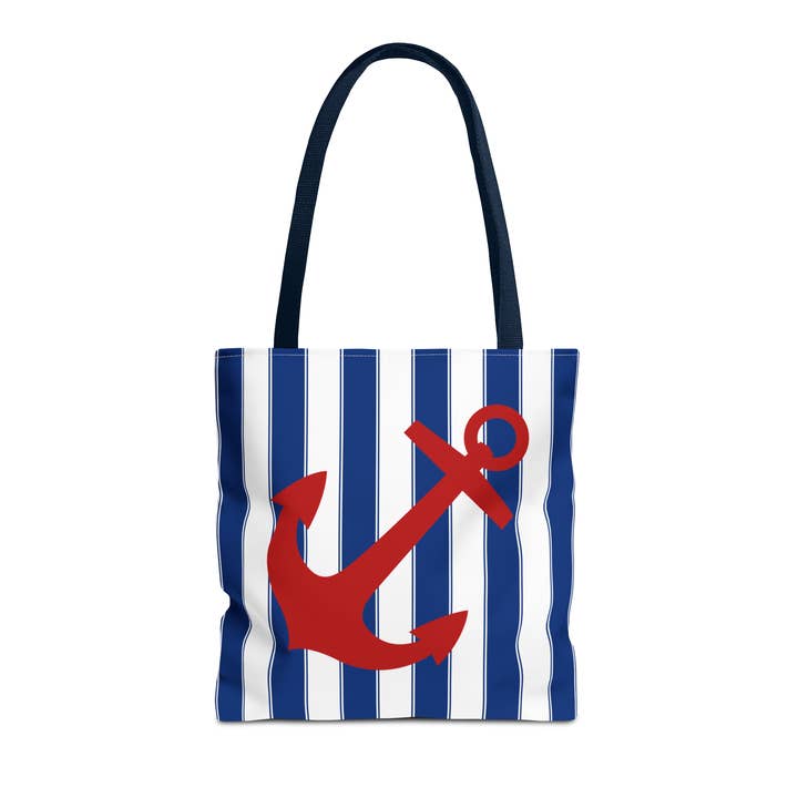 Red Anchor Blue Cabana Stripe Tote bag. Available in 3 sizes for wholesale by Lyn Roma