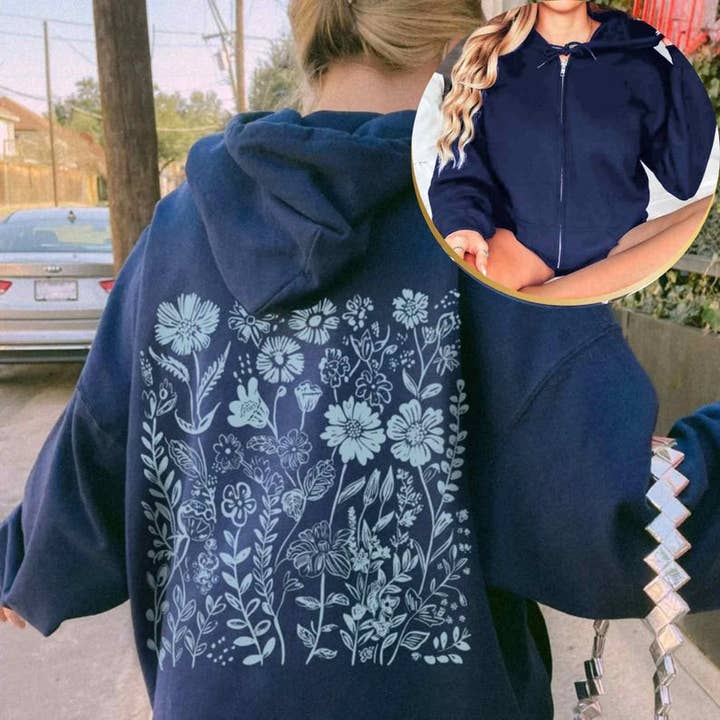 Blue Wildflower Zip Up Hoodie | Graphic Flower Hoodie for wholesale by Sisterly Gifts Shop