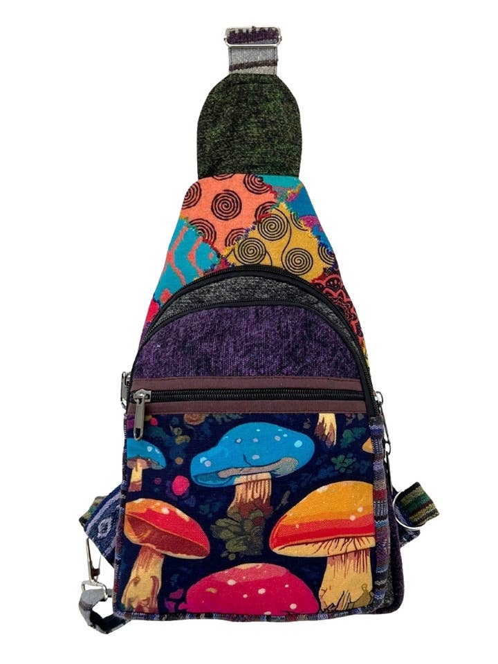 Sac bandoulière bohème hippie en coton imprimé champignons de forêt pour la vente par The Collection Royal / Royal Handicrafts