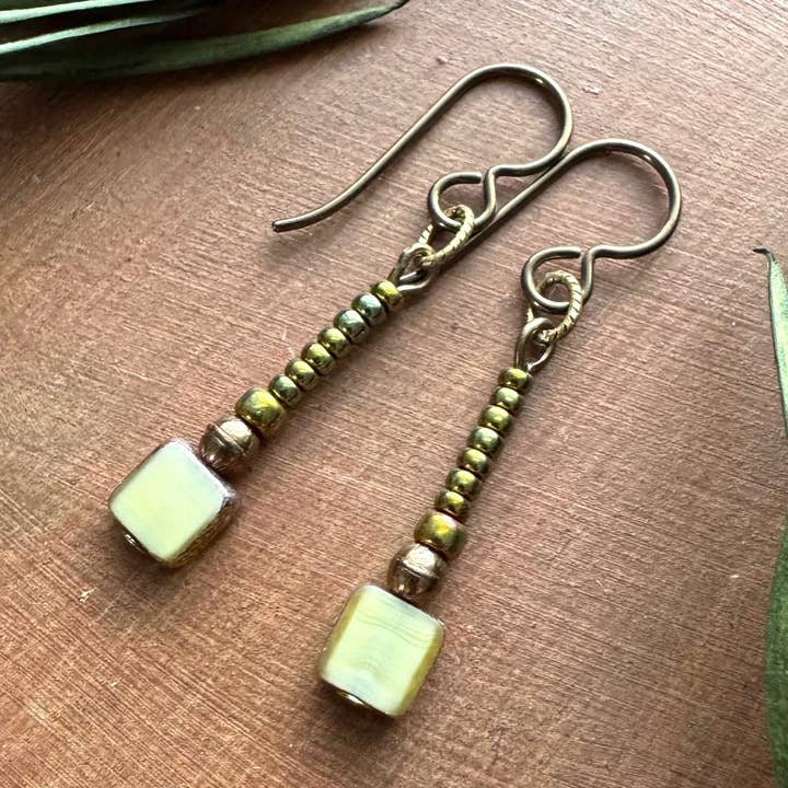 Czech Glass Tile Earrings, Spring Green Seed Beads, Niobium for wholesale by Vintage Earth