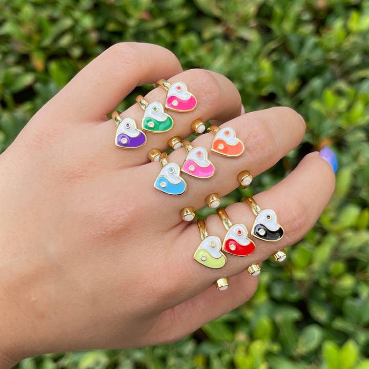 Aim Eternal - Wholesale Cocktail/gelegenheidsring - Sierlijke Yin Yang ring, open verstelbare hartgouden ring, kleurrijke neonemaille ring, stapelbare ring zwart wit roze blauwgroen voor dames1