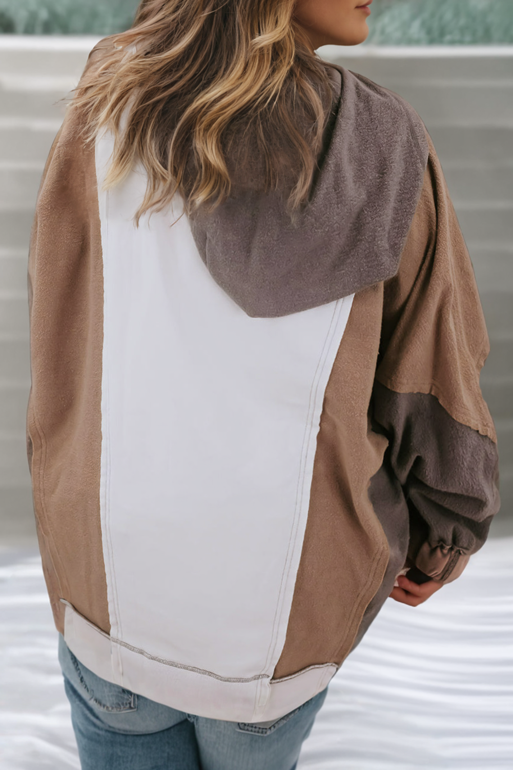 Brown LDC Plus Size Exposed Seam Colorblock Patchwork Sweatshirt for wholesale on Faire3