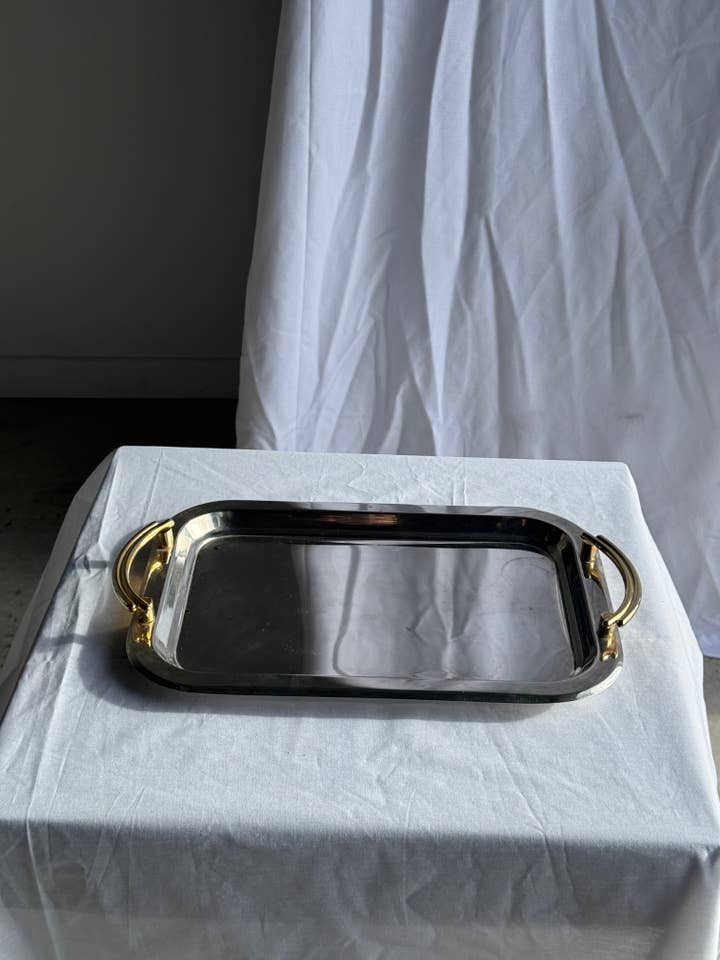 Vintage silver-plated metal tray with golden handles 29x45 for wholesale by Office Objets