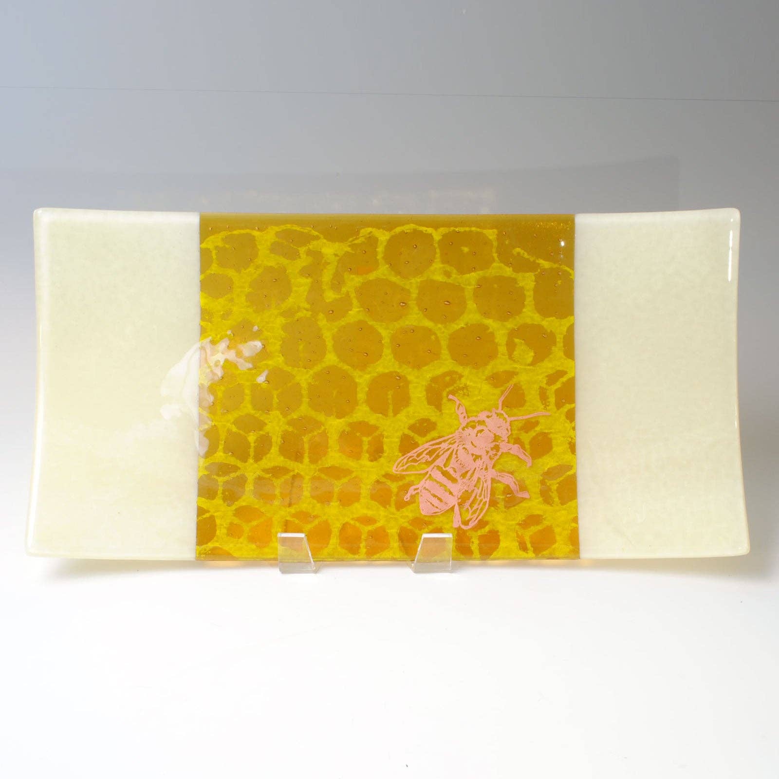 Kiku Handmade | Contemporary Fused Glass Home Goods - Wholesale Platter - Honeybee 15" Long Fused Glass Serving Platter1