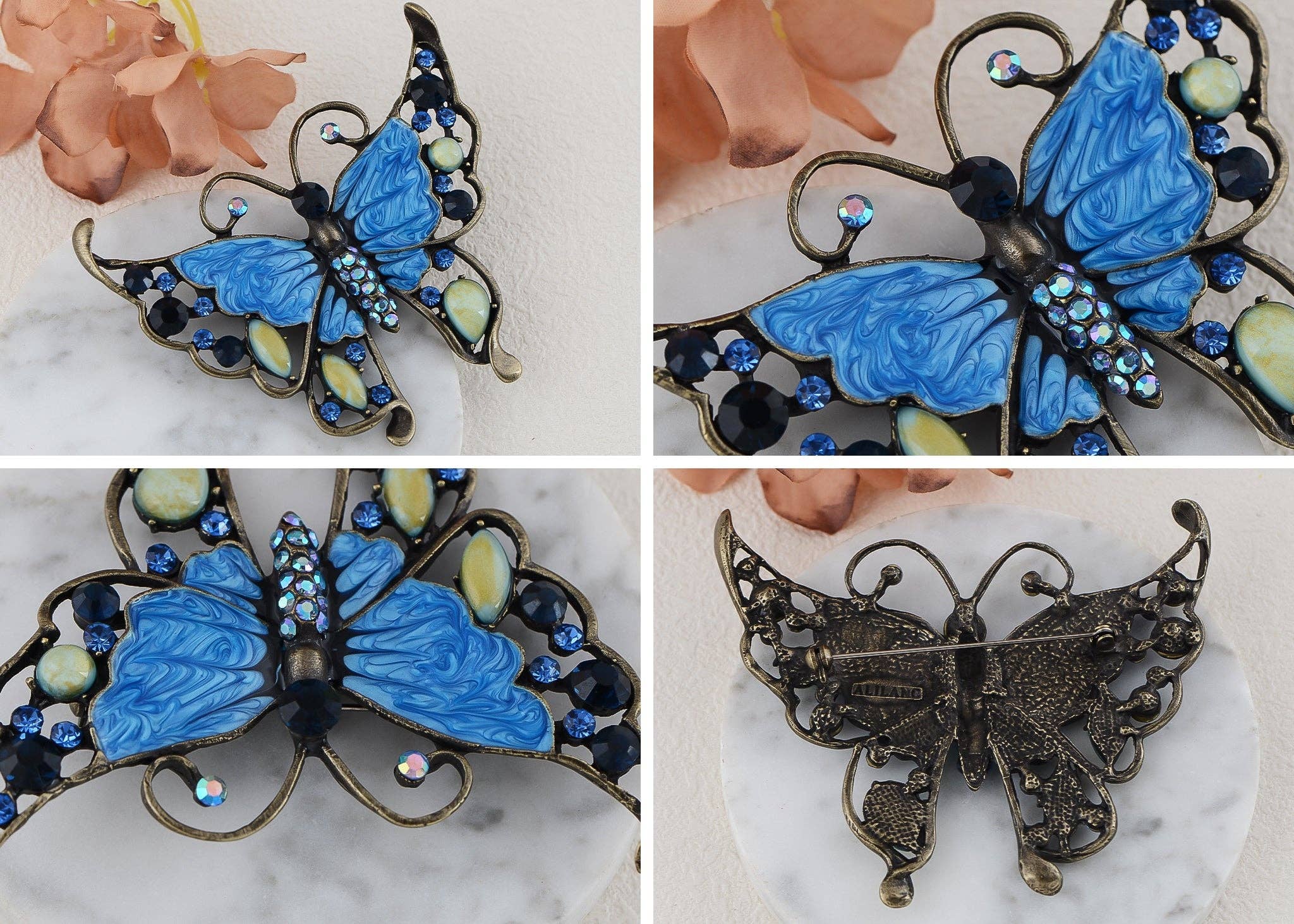 AK Brand - Wholesale Brooch - Antique Green Enamel Opal Butterfly Insect Brooch Pin22