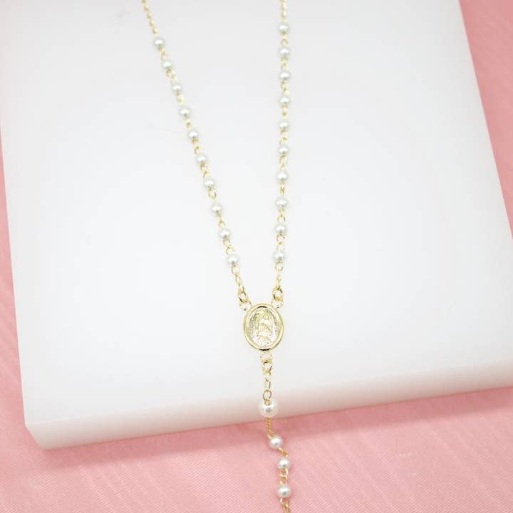 MIA Jewelry - Wholesale Prayer beads necklace - Catholic Pearl Bead Rosary with Crucifix and Milagros Charm (F259)0