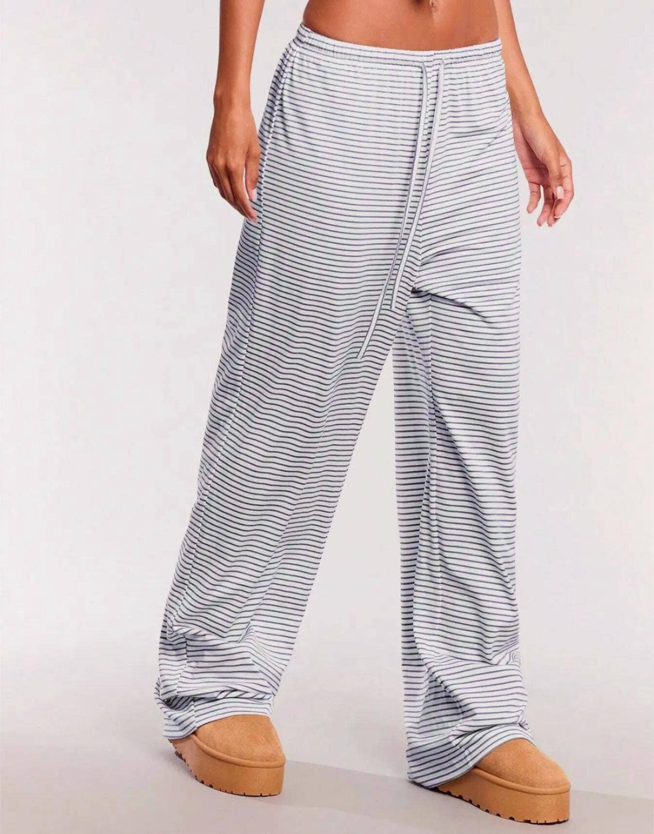 HIDDENBRAND - Wholesale Pants - Women's - Casual drawstring striped print wide-leg lounge pants2