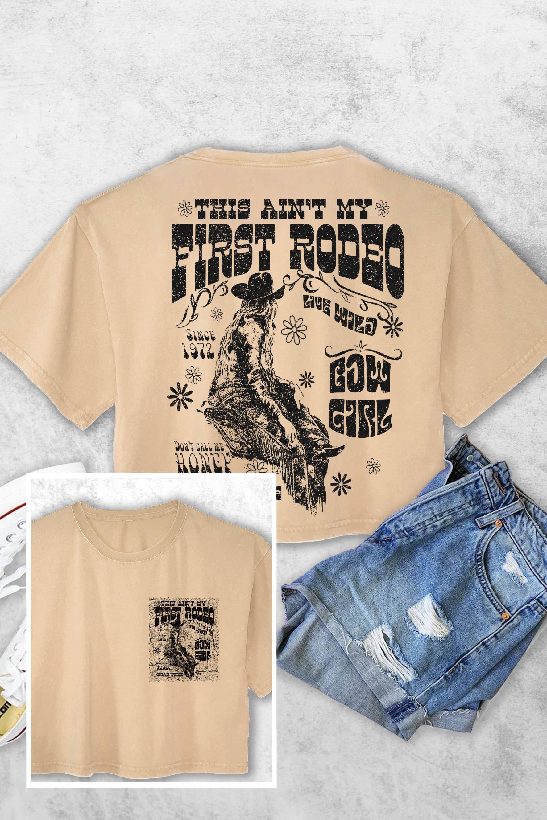 Rustee Clothing - Wholesale Screen Printed T-Shirt - Women's - THIS AINT MY FIRST RODEO COWBOY F&B WOMENS VINTAGE CROP TOP1