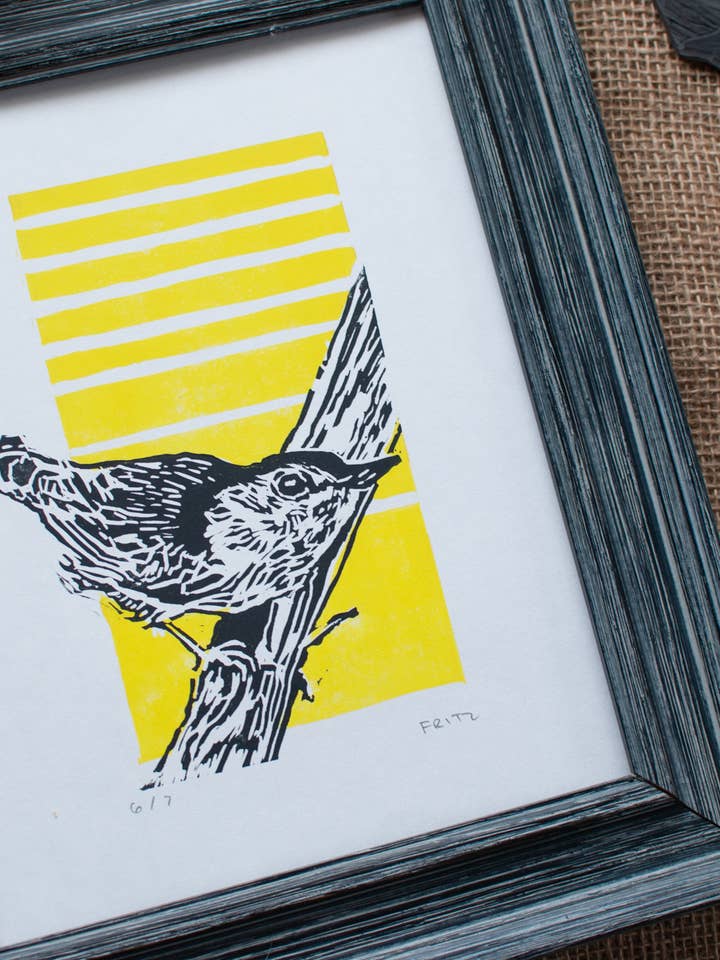 Nuthatch Block Print for wholesale by Brian Fritz Fine Art and Printmaking