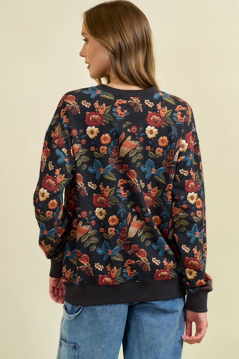 Doe and Rae - Wholesale Sweatshirt - Women's - FLORAL PRINT DROP SHOULDER PULL-OVER TOP - 45256T3