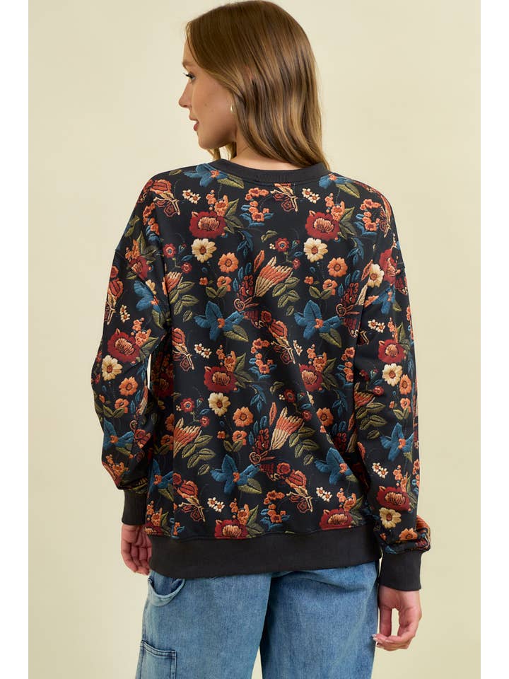 Doe and Rae - Wholesale Sweatshirt - Women's - FLORAL PRINT DROP SHOULDER PULL-OVER TOP - 45256T3