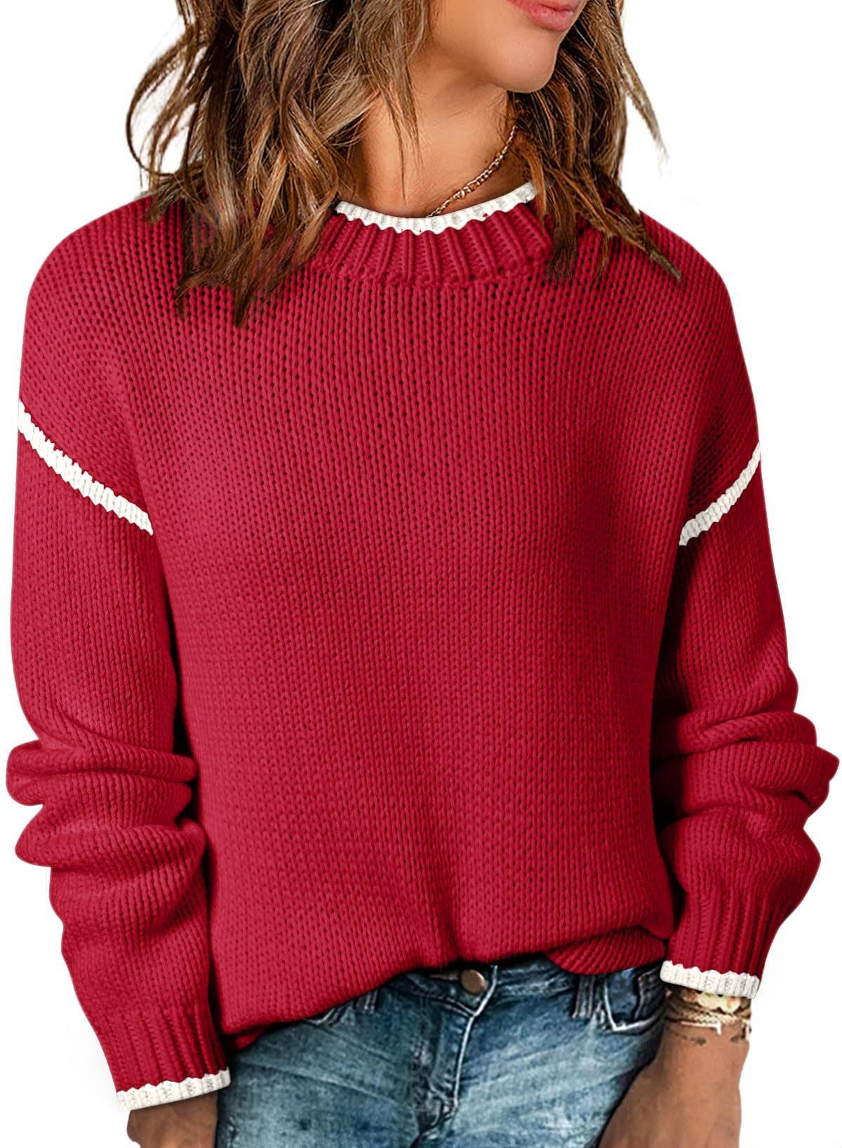 Anna Kaci Wholesale - Wholesale Knit Sweater - Women's - Crew Neck Knit Sweater with Red Trim Detail and Long Sleeves5