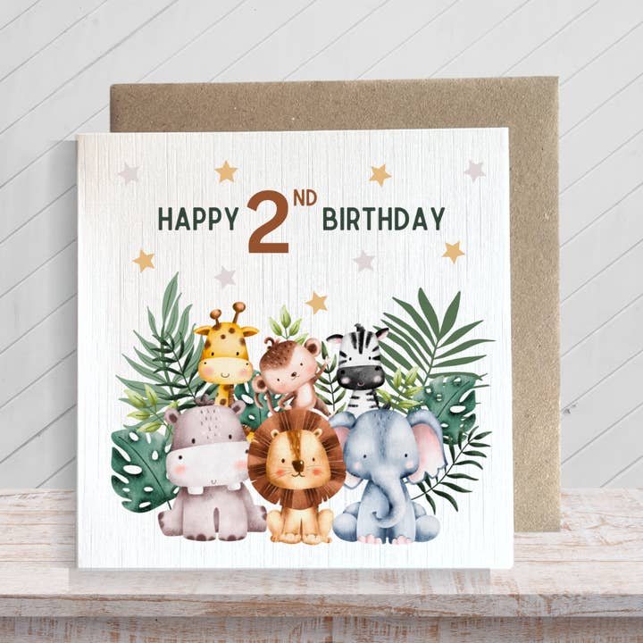Second Ave Gift Company - Vendita all'ingrosso Biglietti di auguri - Biglietto di auguri quadrato per bambini, motivo Safari, secondo compleanno