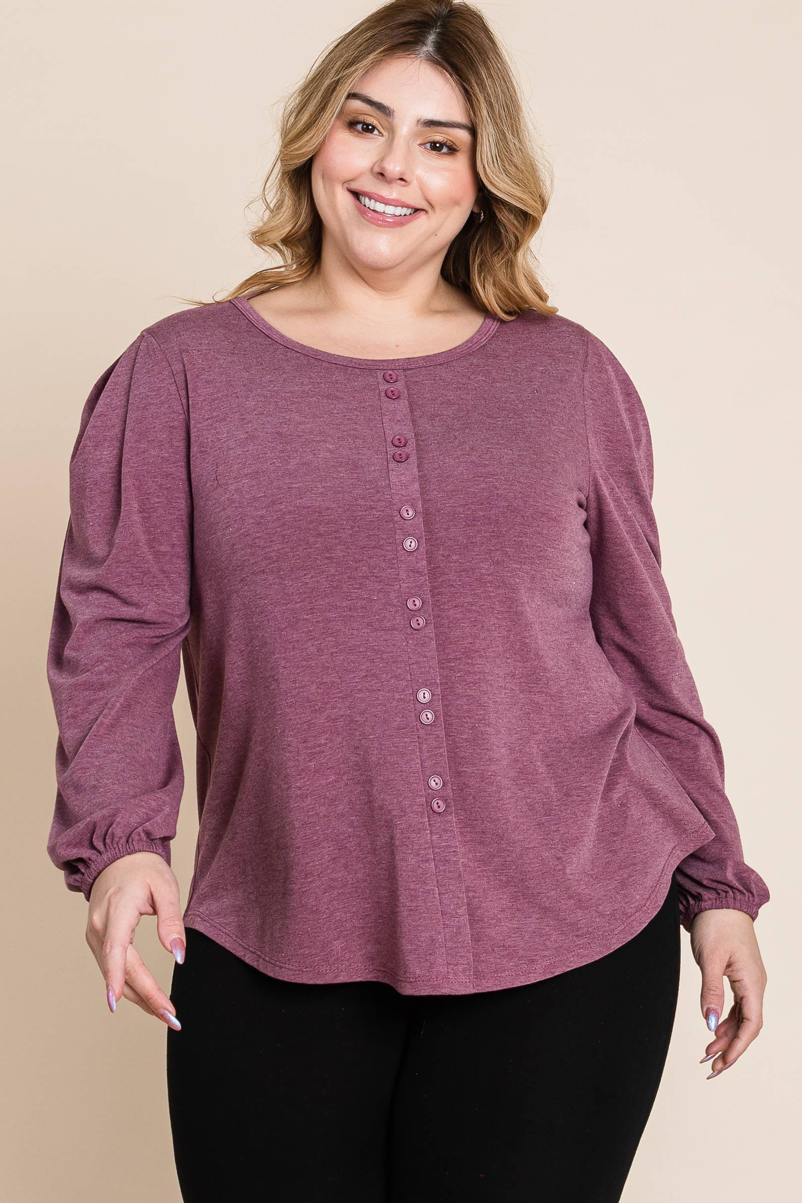 Burgundy ETK-8883-PL Plus Size Solid TR Spandex Long Sleeve Top for wholesale on Faire
