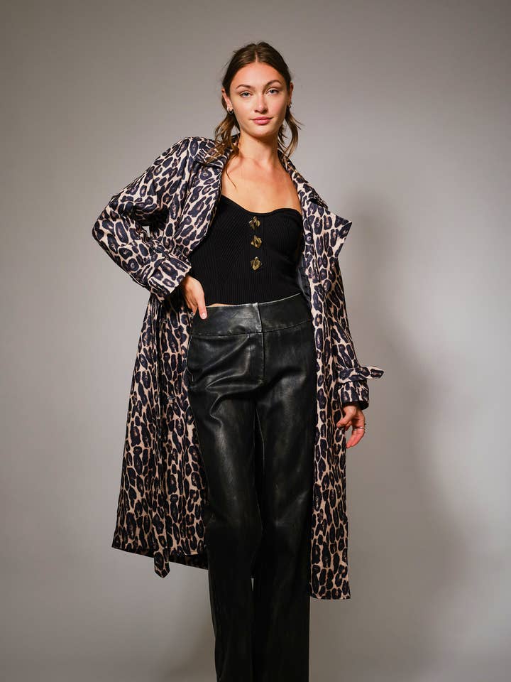 23481J - Leopard Bælte Dobbeltbrystet Trenchcoat for engroshandel hos Blue B