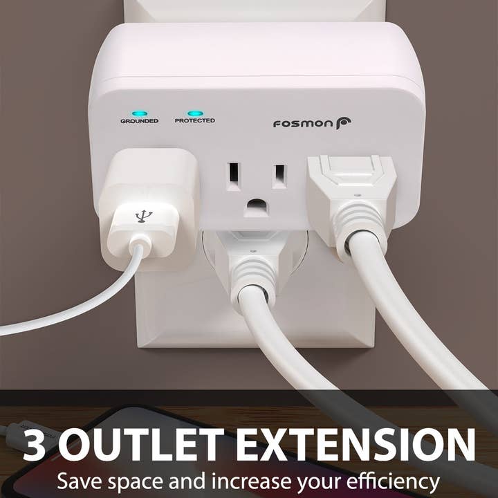 Fosmon - Wholesale Power Adapter - ETL Listed 3 Outlet Wall Mount Surge Protector 1200J2