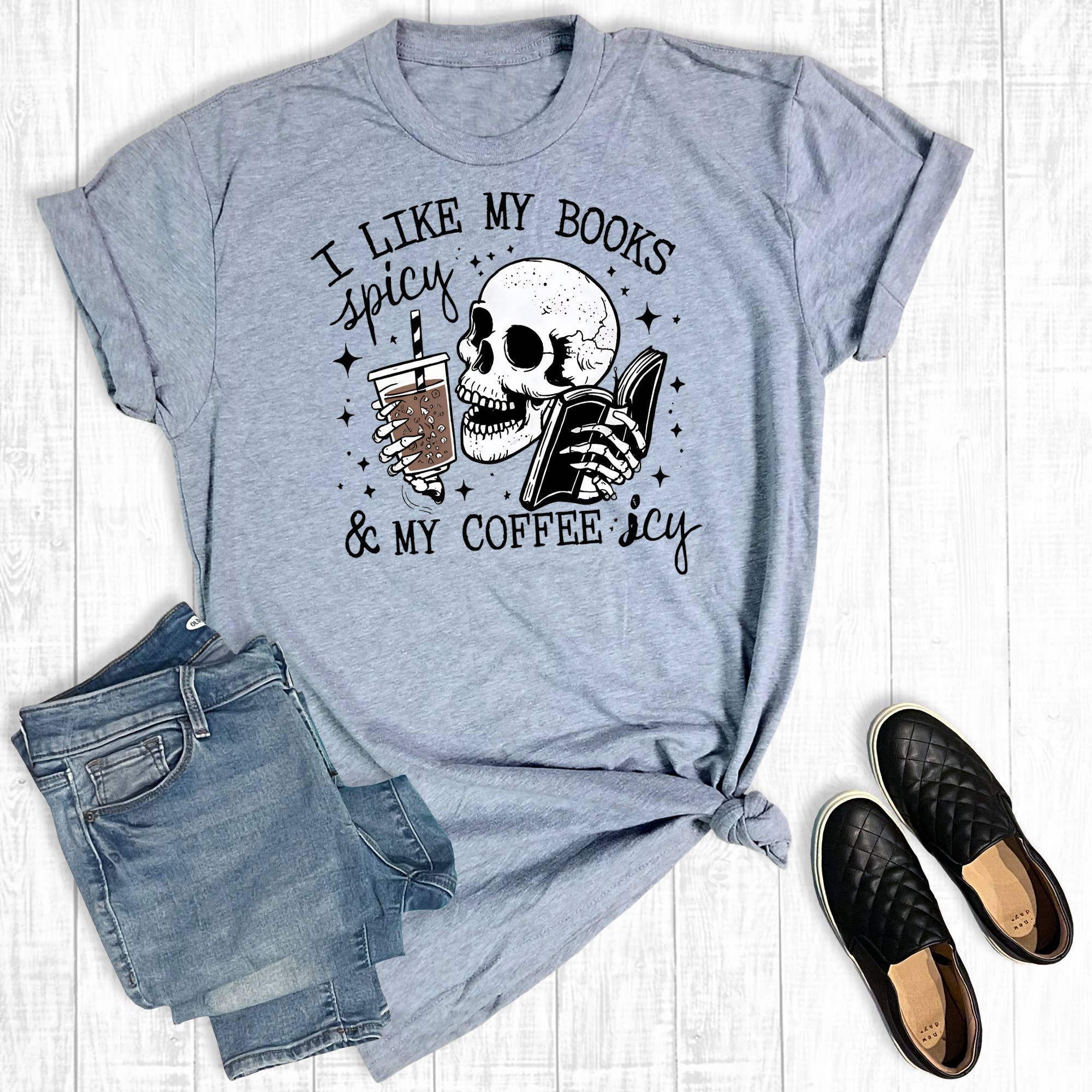 Gray Funny I Like My Books Spicy & My Coffee Icy Graphic Tee for wholesale on Faire