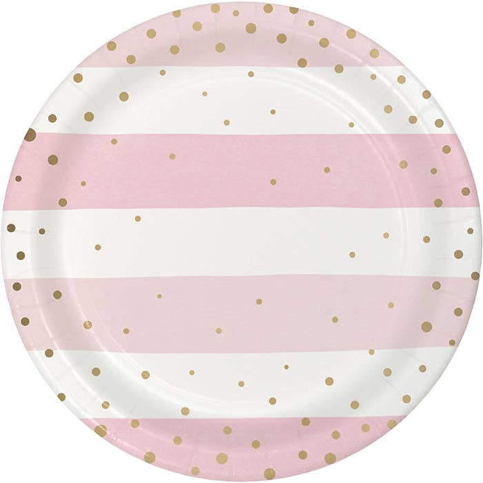 Bulk Pink and Gold Celebration Paper Dessert Plates (96 per Case) for wholesale by Bulk Party Decor