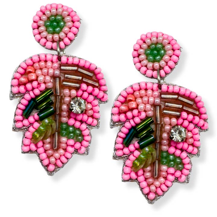 Tropical Leaf Pink Earrings Handmade Beaded Jewelry for wholesale by VANI TRAPANI