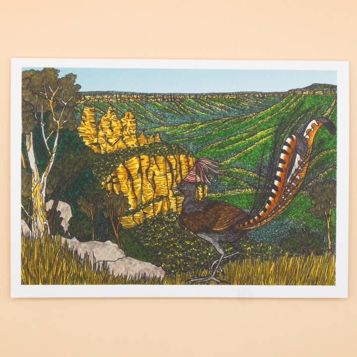 Superb Lyrebird Blue Mountains Three Sisters Greeting Card for wholesale by Sunshine Sea Art