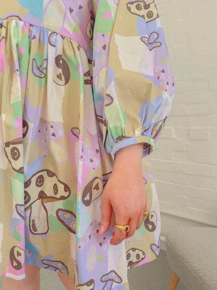 Lila Organic Cotton Mini Dress in Totally Toadstool for wholesale by BY MEGAN CROSBY