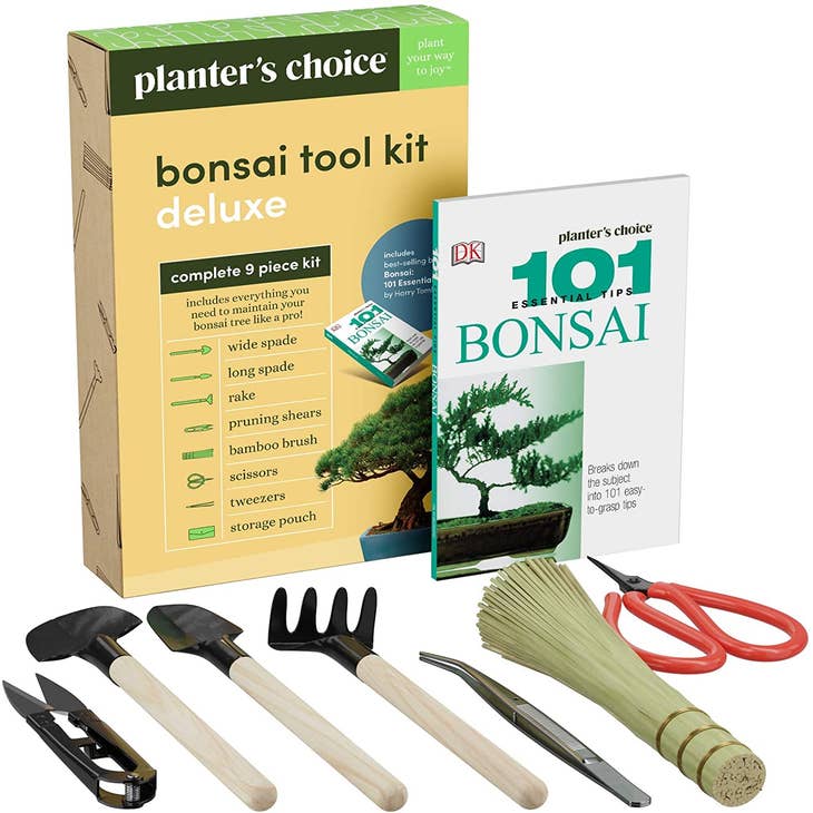 Planters' Choice Premium Bonsai Tool Kit + Bonsai 101 Book -Set  Includes:Wooden Rake, Long & Wide Spades, Scissors, Tweezers, Bamboo Brush,  & Pruning