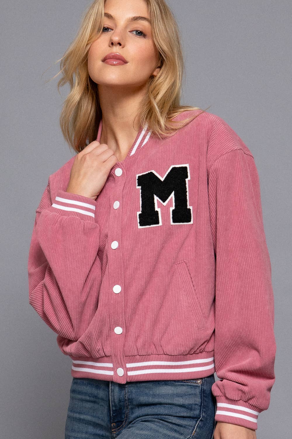 Active Basic | Active USA – wholesale College/Baseball Jacket - Women’s – Long Sleeve Corduroy Varsity Jacket4