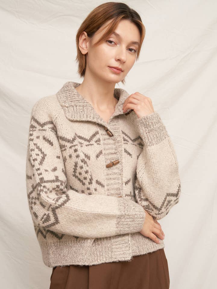 Mock Neck Fair Isle Printed Sweater Cardigan for wholesale by En Crème