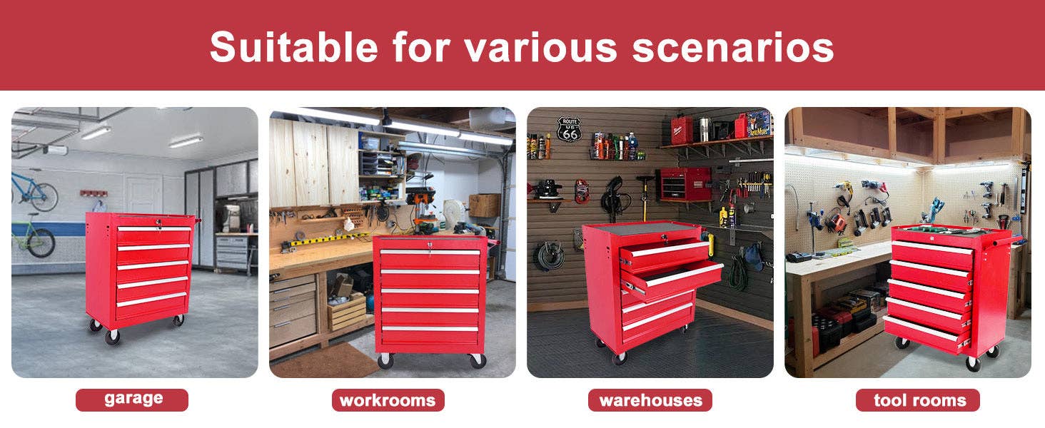 39F Inc. - Wholesale Tool Set - 5-Drawer Red Steel Rolling Tool Chest with Locking System5