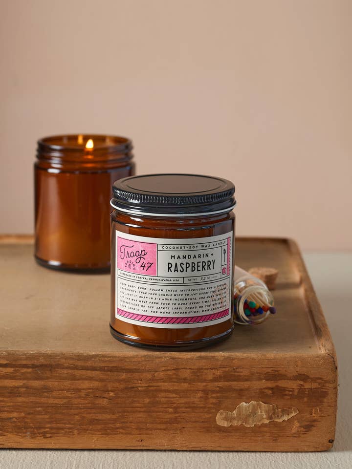 Mandarin + Raspberry Candle Jar for wholesale by Troop 47 Trading Co.