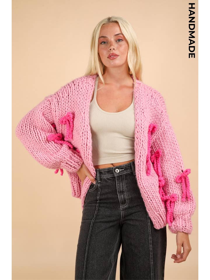 VERY J - Wholesale Cardigan - Women's - 12W3214N-HANDMADE Ribbon Chunky Knit Sweater Cardigan