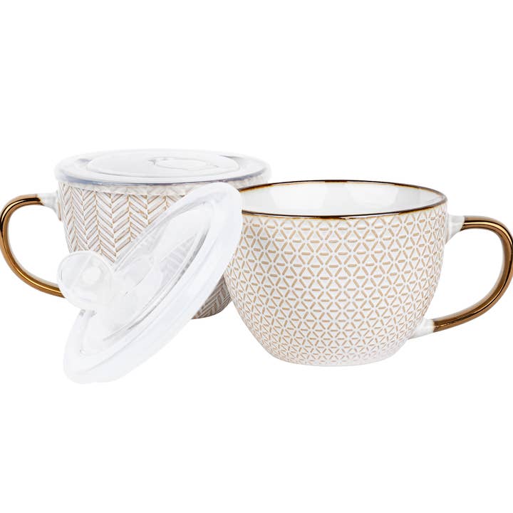 Kook - Wholesale Coffee Mug - Kook Ceramic Soup Mugs with Lids, 18 oz, Set of 2, Narbonne