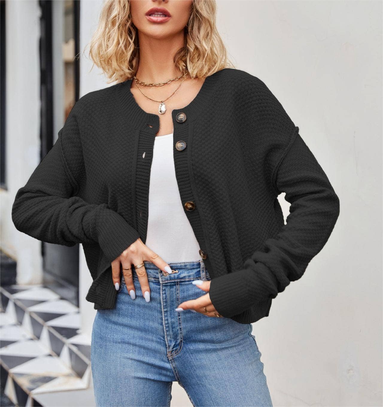 HIDDENBRAND - Wholesale Cardigan - Women's - Vintage Single-Breasted Button-Knit Cardigan0