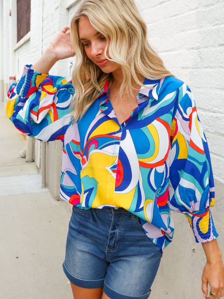 Promenade - Wholesale Button Down Shirt - Women's - Best in Bold Abstract Print Button-Down Smock Sleeve Top (Open Pack)