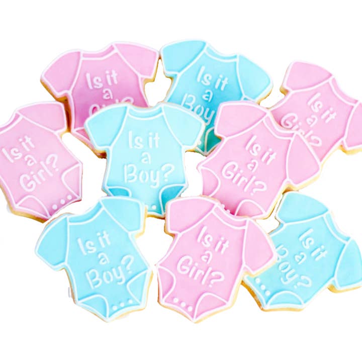Gender Reveal Baby Onesie Cookies for wholesale by Sweet Sanctions LLC