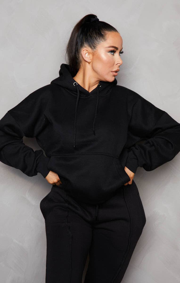 Femme Luxe – wholesale Mjukisset – Dam – Svart överdimensionerad huvtröja och hög midja med söm fram med manschettar Loungewear Set - Martha6